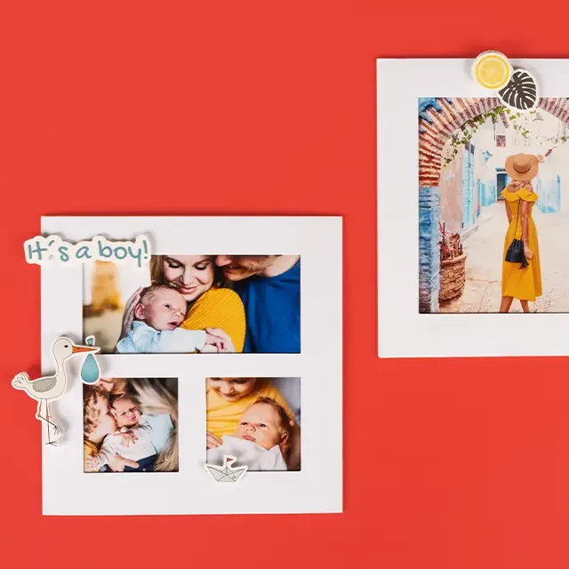 Magnet-Rahmen-Collage für Babyfotos – mit süßen Stickern individuell gestaltet Weißer Magnet-Rahmen mit drei Babyfotos, liebevoll dekoriert mit passenden Stickern.