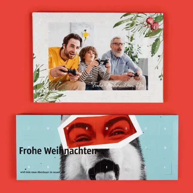 Zwei Schoko-Adventskalender in verschiedenen Größen. Mit individuellen Fotos und tollen Designs.