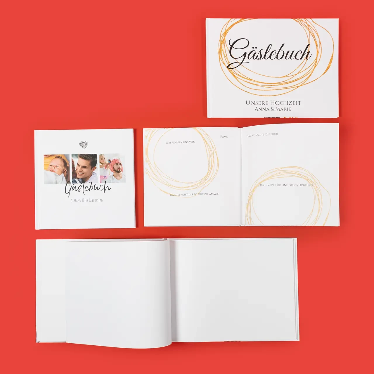 Gästebuch in verschiedenen Varianten, Stilen und Größen Die Gästebücher zeigen, dass es verschiedene Formate und Varianten gibt. Sollen die Innenseiten komplett leer sein oder das ein oder andere Designelement beinhalten?