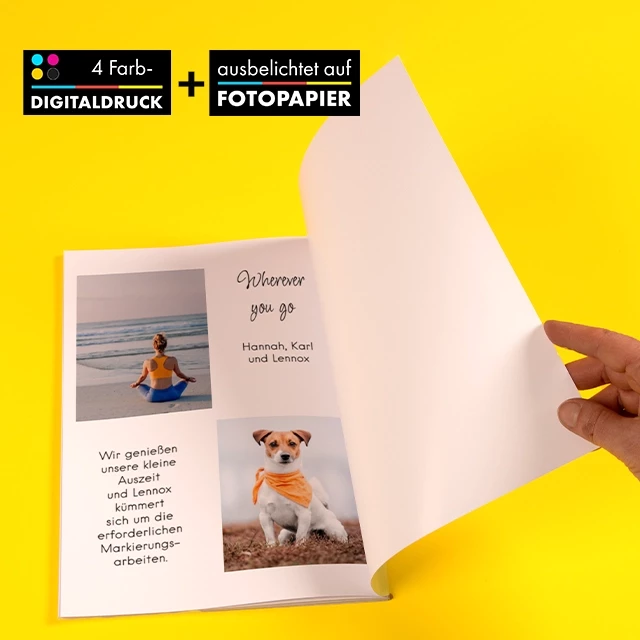 Fotobuch mit Softcover gestalten und im 4-Farb-Digitaldruck bestellen oder auf Fotopapier ausbelichten lassen. Mit Fotos und passendem Text, Hochformat.