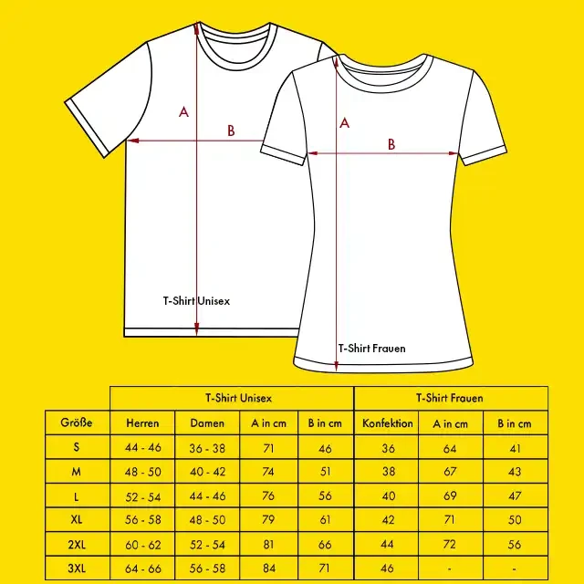 T-Shirt gestalten, Größentabelle, S - 3XL, Unisex und Frauen Lass jetzt mit einem Foto ein T-Shirt bedrucken. Schau dir dazu die Größentabelle an. Je nach Schnitt können die Größen variieren. Die Größen reichen von S bis 3XL.