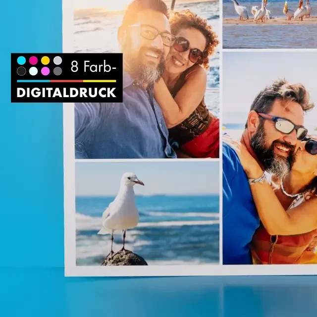 Fotodruck auf Pappe, 8-Farb-Digitaldruck-Verfahren Wenn wir dein Poster auf Karton drucken, verwenden wir dabei das 8-Farb-Digitaldruck-Verfahren. Das sorgt für hochwertige Bilder und ein optimales Ergebnis.