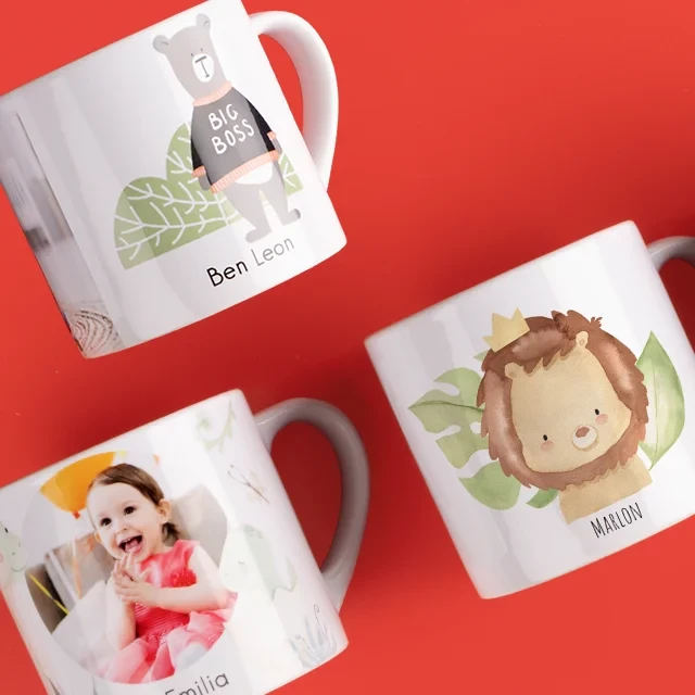 Kindertasse mit Foto gestalten, um kleine Freuden besonders groß zu machen. Mit niedlichen Tier-Motiven und dem Namen deines Kindes, wird die Tasse einzigartig.