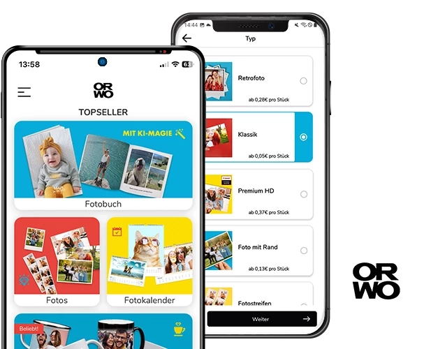 Bei ORWO kannst du deine Fotoabzüge auch online über dein Handy in unserer FOTO-App bestellen. Einfach gewünschtes Produkt in der App auswählen und konfigurieren.