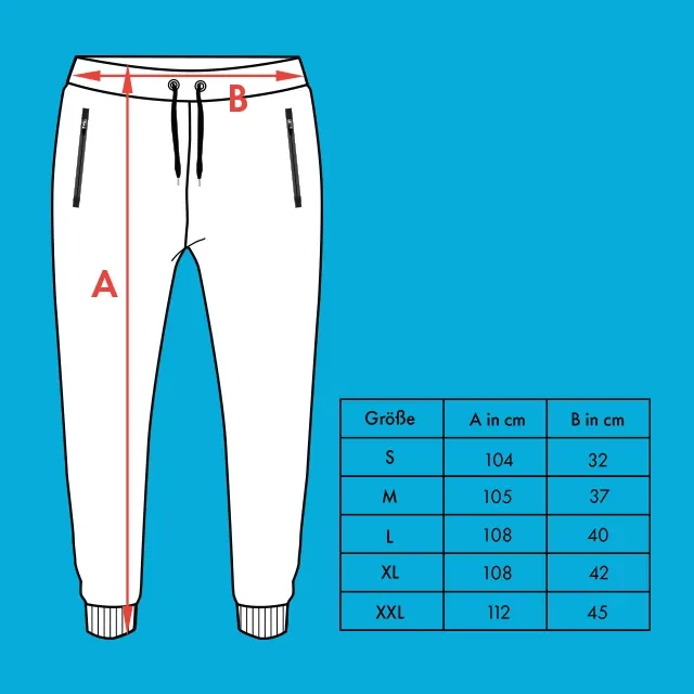 Zu sehen ist eine Größentabelle für den Jogger. Die Größen reichen von S bis XXL. 104 bis 112 cm in der Höhe und 32 bis 45 cm im Hüftumfang, ist die Größenspannweite.
