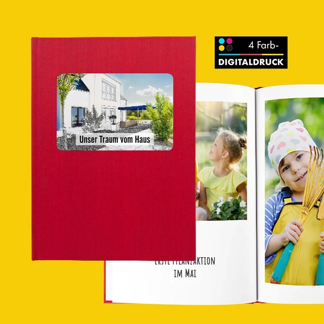 Fotobuch gestalten mit stilvollem Leinencover, Digitaldruck Mit stilvollem Leinencover dein Fotobuch erstellen. Der Hardcovereinband ist mit echtem Leinen überzogen. Rotes Cover und weiße Innenseiten mit Foto und Text, Hochformat.