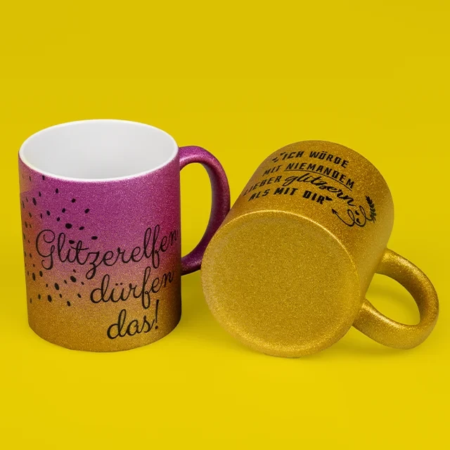 Glitzertasse, 7 verschiedene Farben, personalisierbar Glitzertassen kannst du bei ORWO individuell personalisieren. Einfache Motive, Sprüche und Namen können problemlos auf die Glitzeroberfläche gedruckt werden.
