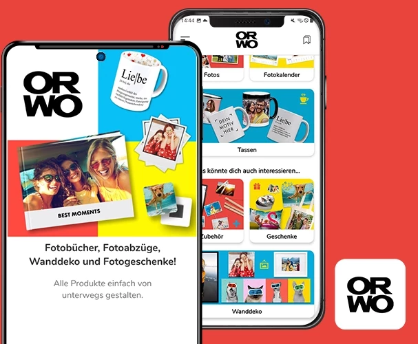 Mobile Endgeräte, die verschiedene Ausschnitte der ORWO FOTO-App zeigen. Mit dieser App kannst du bequem von unterwegs deine hochwertigen Foto-Poster bestellen.