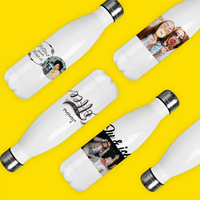 Thermosflasche, verschiedene Designvorlagen, personalisiert Du hast zahlreiche Möglichkeiten, deine Thermosflasche mit Namen und Foto zu gestalten. Mit unseren Designvorlagen wird deine Flasche zu einem Meisterwerk.