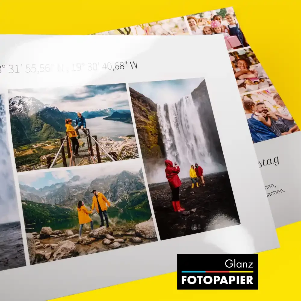 Poster auf hochwertigem glänzendem Fotopapier drucken lassen Zwei versetzt angeordnete Poster, die zeigen, wie Bilder als Poster, gedruckt auf glänzendem Fotopapier, aussehen.