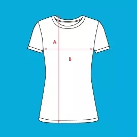 Wähle Größe L - bedruckbares Frauen-T-Shirt Größe L - Stilisiertes, weißes Frauen-T-Shirt mit schwarzer Kontur vor blauem Hintergrund. Rote Pfeile markieren Breite und Höhe.