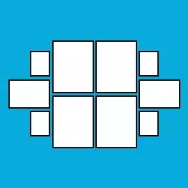 Bilderwand "Symetrische Hängung" 135 x 87 cm Zehn weiße Rechtecke in unterschiedlichen Größen auf blauem Hintergrund - Symetrische Hängung 135 x 87.