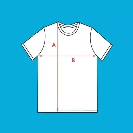 Wähle Größe M - bedruckbares Unisex-T-Shirt Größe M - Stilisiertes, weißes Unisex-T-Shirt mit schwarzer Kontur vor blauem Hintergrund. Rote Pfeile markieren Breite und Höhe.