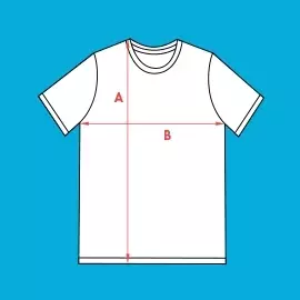 Wähle Größe XL - bedruckbares Unisex-T-Shirt Größe XL - Stilisiertes, weißes Unisex-T-Shirt mit schwarzer Kontur vor blauem Hintergrund. Rote Pfeile markieren Breite und Höhe.