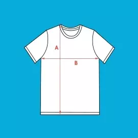 Wähle Größe S - bedruckbares Unisex-T-Shirt Größe S - Stilisiertes, weißes Unisex-T-Shirt mit schwarzer Kontur vor blauem Hintergrund. Rote Pfeile markieren Breite und Höhe.