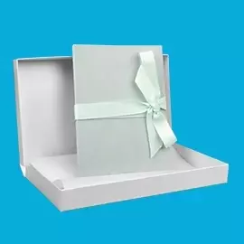 myLeporello in Mint – frisch und modern Mintfarbener Leineneinband mit Schleife – das myLeporello liegt in geöffneter Geschenkverpackung auf blauem Hintergrund.
