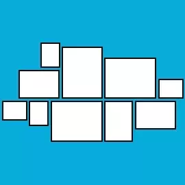 Bilderwand "Kantenhängung" 149 x 79 cm Zehn weiße Rechtecke in unterschiedlichen Größen auf blauem Hintergrund - Kantenhängung 149 x 79.