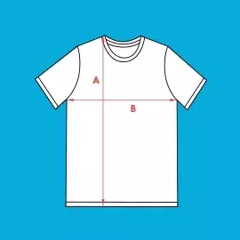 Wähle Größe L - bedruckbares Unisex-T-Shirt Größe L - Stilisiertes, weißes Unisex-T-Shirt mit schwarzer Kontur vor blauem Hintergrund. Rote Pfeile markieren Breite und Höhe.