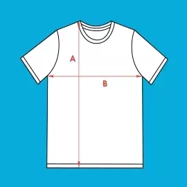 Wähle Größe 2XL - bedruckbares Unisex-T-Shirt Größe 2XL - Stilisiertes, weißes Unisex-T-Shirt mit schwarzer Kontur vor blauem Hintergrund. Rote Pfeile markieren Breite und Höhe.