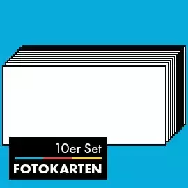 Wähle ein 10er-Set der Fotokarten im Panoramaformat Zehn aufgereihte weiße Rechtecke, 21 x 10 cm, auf blauem Hintergrund. Steht für ein "10er-Set".