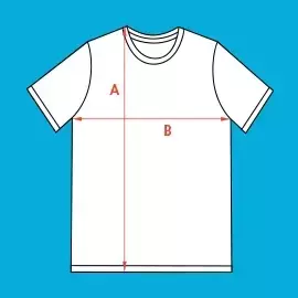 Wähle Größe 3XL - bedruckbares Unisex-T-Shirt Größe 3XL - Stilisiertes, weißes Unisex-T-Shirt mit schwarzer Kontur vor blauem Hintergrund. Rote Pfeile markieren Breite und Höhe.