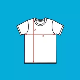 Kindershirt in Größe M - 128 bis 140 Stilisiertes, weißes Kinder-Shirt mit schwarzem Rand vor blauem Hintergrund. Rote Pfeile stehen für die Maße Breite und Höhe - Größe M