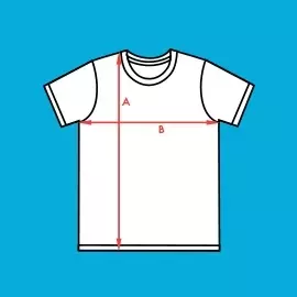 Kindershirt in Größe XL - 158 bis 164 Stilisiertes, weißes Kinder-Shirt mit schwarzem Rand vor blauem Hintergrund. Rote Pfeile stehen für die Maße Breite und Höhe - Größe XL