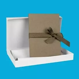 myLeporello in Braun – warm & hochwertig Ein braunes myLeporello mit Leineneinband und Schleife in passendem Ton liegt in einer weißen Geschenkbox. Vor blauem Hintergrund arrangiert.