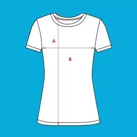 Wähle Größe XL - bedruckbares Frauen-T-Shirt Größe XL - Stilisiertes, weißes Frauen-T-Shirt mit schwarzer Kontur vor blauem Hintergrund. Rote Pfeile markieren Breite und Höhe.