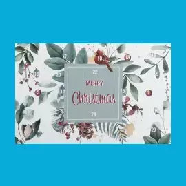 Freundlich heller Kalender mit naturinspiriertem Design. Elemente in Gold, dunklem Rot und kühlem Grün: Vogel, Blätter, Beeren und goldene Farbsprenkel. Schriftzug "Merry Christmas".