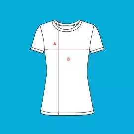Wähle Größe S - bedruckbares Frauen-T-Shirt Größe S - Stilisiertes, weißes Frauen-T-Shirt mit schwarzer Kontur vor blauem Hintergrund. Rote Pfeile markieren Breite und Höhe.