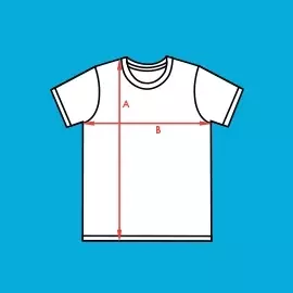Kindershirt in Größe L - 146 bis 152 Stilisiertes, weißes Kinder-Shirt mit schwarzem Rand vor blauem Hintergrund. Rote Pfeile stehen für die Maße Breite und Höhe - Größe L