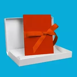 myLeporello in Ziegelrot – mit Herz verschenken In geöffneter, weißer Geschenkverpackung liegt ein ziegelrotes myLeporello, mit Schleife verschlossen. Präsentation auf blauem Hintergrund.