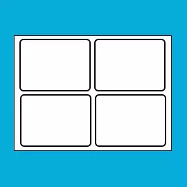 Vier Sticker auf einem Stickerbogen wählen Stilisiertes Sticker-Set in Weiß mit schwarzem Rand. Vier Sticker auf einem Bogen. Präsentiert vor blauem Hintergrund.