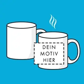 Zwei weiße, stilisiert dargestellte Tassen mit Platzhalter für dein Motiv im Format 9,7 x 6,5 cm. Präsentiert vor einem blauen Hintergrund.