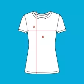 Wähle Größe M - bedruckbares Frauen-T-Shirt Größe M - Stilisiertes, weißes Frauen-T-Shirt mit schwarzer Kontur vor blauem Hintergrund. Rote Pfeile markieren Breite und Höhe.