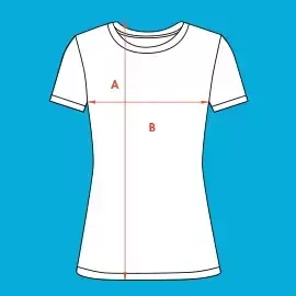 Wähle Größe 2XL - bedruckbares Frauen-T-Shirt Größe 2XL - Stilisiertes, weißes Frauen-T-Shirt mit schwarzer Kontur vor blauem Hintergrund. Rote Pfeile markieren Breite und Höhe.