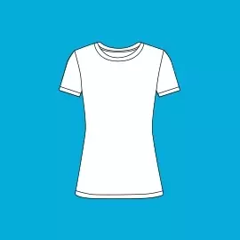 Frauen-T-Shirt - hier wählen und bedrucken Frauen-T-Shirt in Weiß mit Platzhalter für dein Wunschmotiv auf der Vorder- und Rückseite. Stilisierte Darstellung vor blauem Hintergrund.