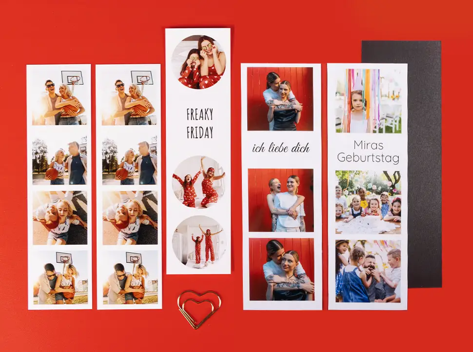 6er- oder 4er-Set Fotostreifen mit Bildern von besonderen Familien-Momenten. Mit verschiedenen Design-Vorschlägen, wie passende Schriftzüge oder runde und eckige Rahmen.