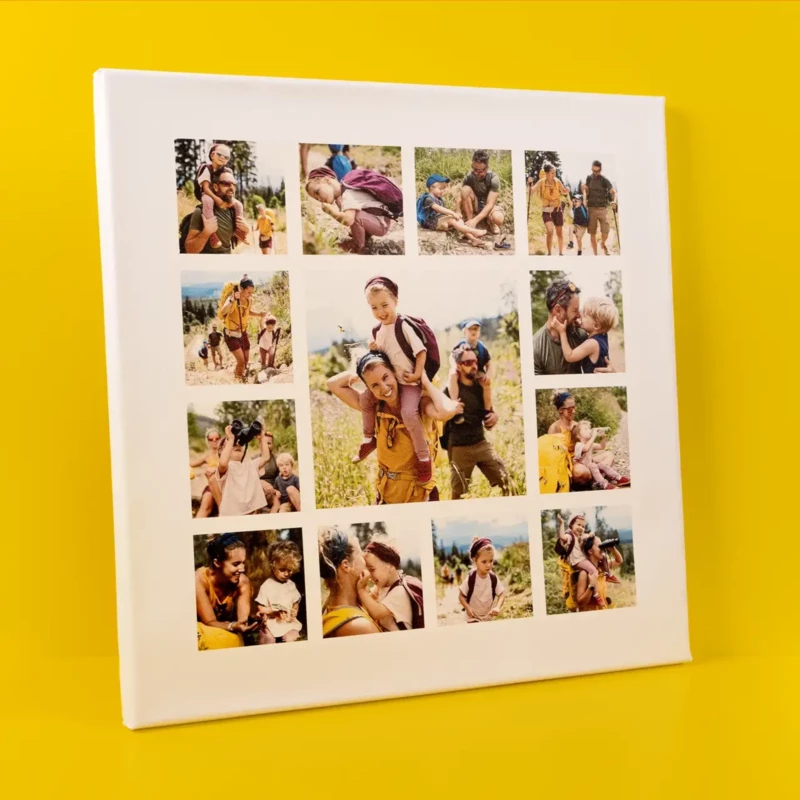 Fotoleinwand mit verschiedenen Bildern als Collage. Gestalte eine personalisierte Leinwand mit deinen Lieblingsbildern. Holzkeilrahmen inklusive Spannkeile.
