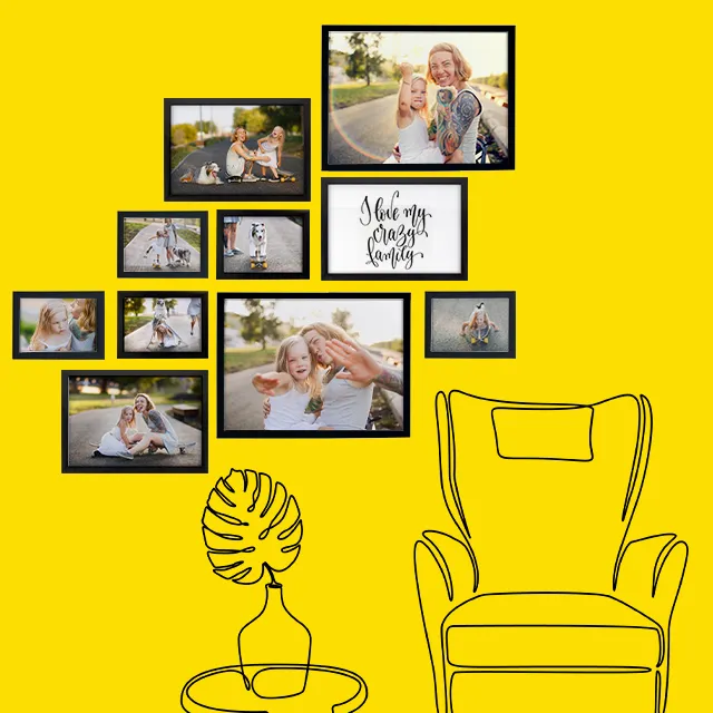 Moderne Bilderwand mit Familienfotos und Spruch – kreative Wandgestaltung mit Bildern zuhause.