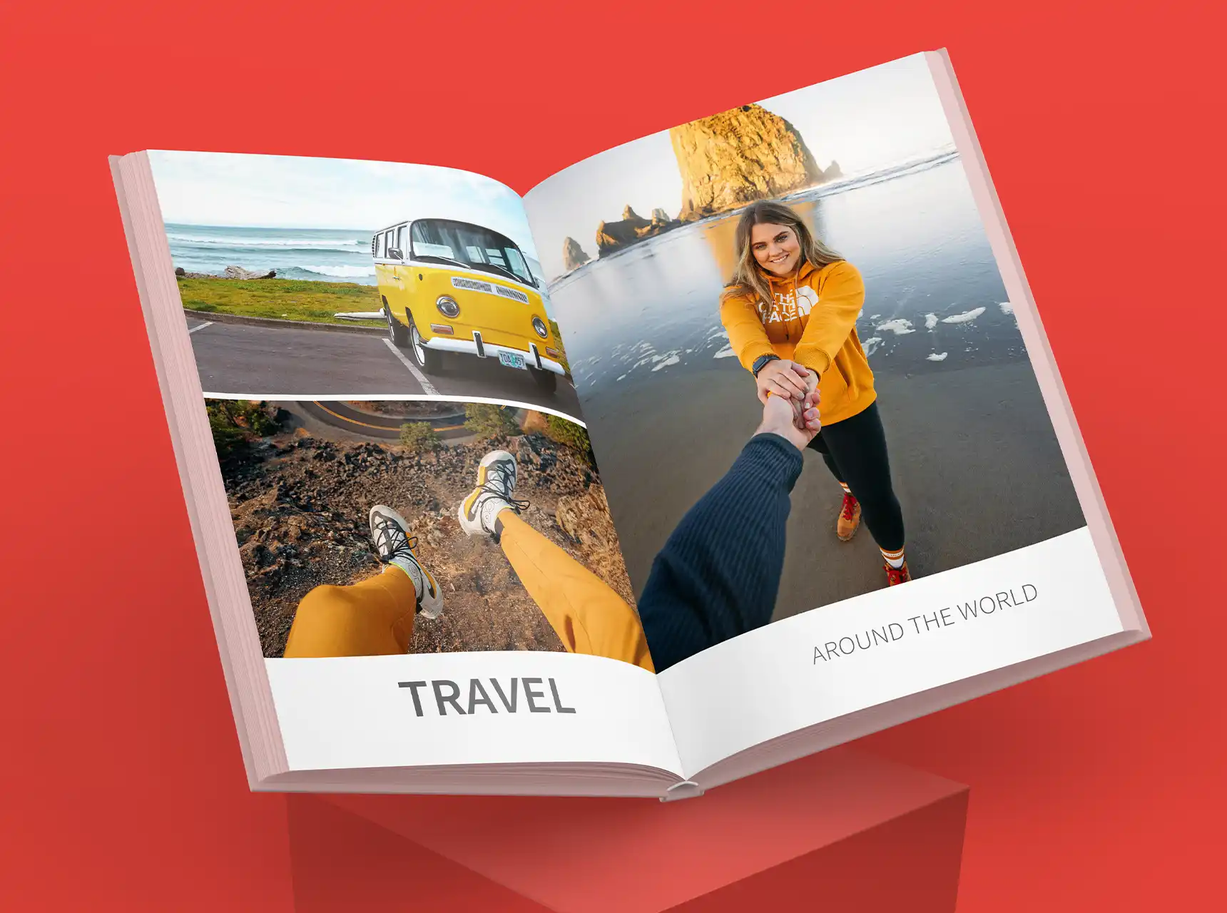 Modernes Fotobuch mit Reise- und Paarfotos, aufgeschlagenes ORWO Fotobuch mit emotionalen Momenten in den Bergen und hochwertigem Fotodruck