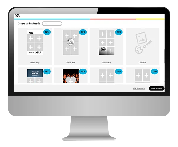ORWO Editorbereich auf Desktop: Auswahl verschiedener Designvorlagen für Fotodecken zur individuellen Gestaltung.