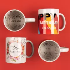 Geburtstagstasse, verschiedene Anlässe, verschiedene Designs Unsere Anlass-Tassen haben vorgefertigte Designs für die Innenseite. Die Außenseite lässt sich individuell gestalten. Mach deinen Anlass zu einem unvergesslichen Event.