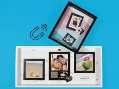 Magnet-Rahmenboxen aus Holz in zwei Größen und Farben – kreativ Fotos arrangieren Zwei Magnet-Rahmenboxen aus Holz – kleine Variante in Schwarz und große in Weiß, jeweils ohne Glas.