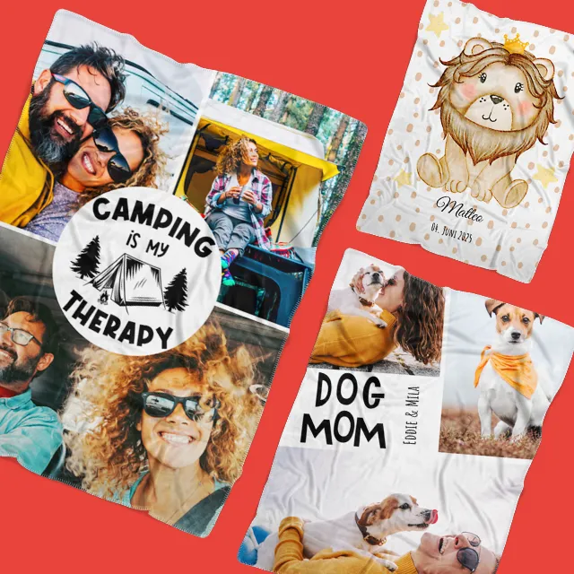 Verschiedene Fotodecken mit individuellen Designs wie Campingmotiv, Tiermotiv und Familienfotos.