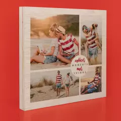 Dein Foto auf Holz bestellen: Quadratische Holzplatte mit einer Collage aus vier Bildern, individuell mit Schriftzug personalisiert, 10 mm dicke Platte.