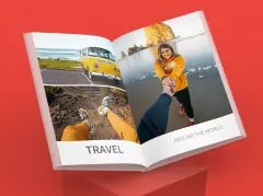 Modernes Fotobuch mit Reise- und Paarfotos, aufgeschlagenes ORWO Fotobuch mit emotionalen Momenten in den Bergen und hochwertigem Fotodruck