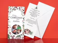 Personalisierte Fotokarten zu Weihnachten mit floralen Motiven, individueller Weihnachtsbotschaft und Umschlag – hochwertig gedruckte Fotokarten als persönlicher Weihnachtsgruß.