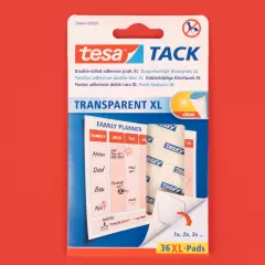 Tesa Tack – klare Klebepunkte für Posters & Deko Verpackung von Tesa Tack mit sichtbaren transparenten, dünnen, doppelseitigen Klebepunkten.